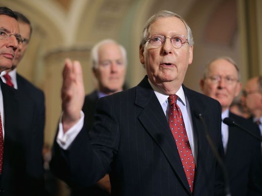 Senate Majority Leader Mitch McConnell, R-Ky., answers